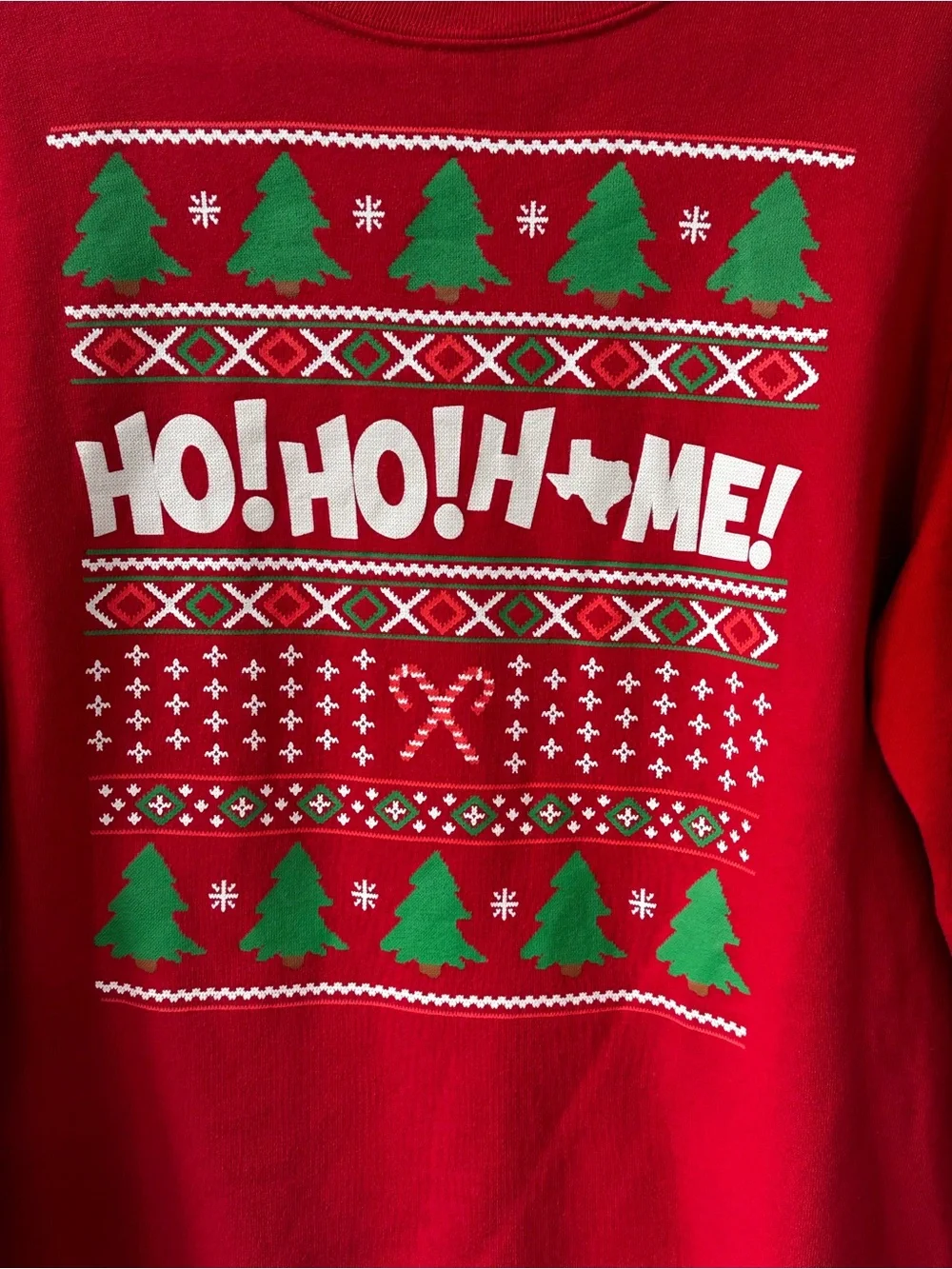 Holiday 'HO! HO! HOME' Red Christmas Sweatshirt with Green Tree Print